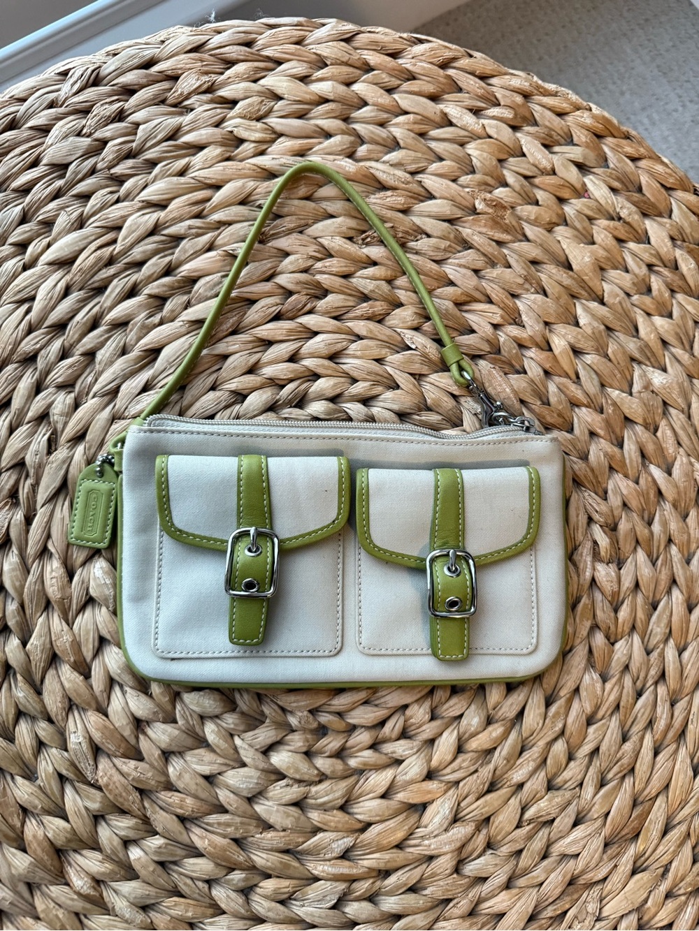 Vintage Coach Hamptons Cream Canvas Wristlet with Apple Green Leather Trim
